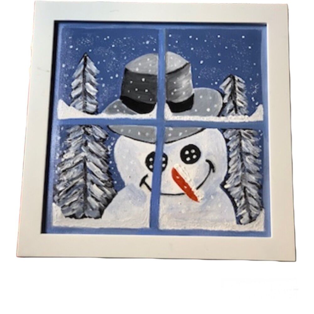 Original Painting Snowman Looking in Window Winter Holiday Art Framed 14x14